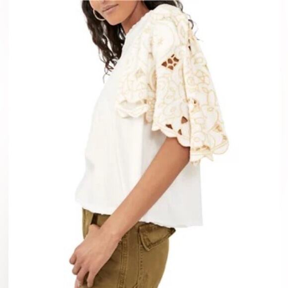 NWT Free People Lace Flare Sleeve Top White Embroidered Trimmed Sleeves S $148 - Picture 4 of 6